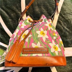 Dooney and Bourke pink daffodil drawstring bucket purse handbag real leather